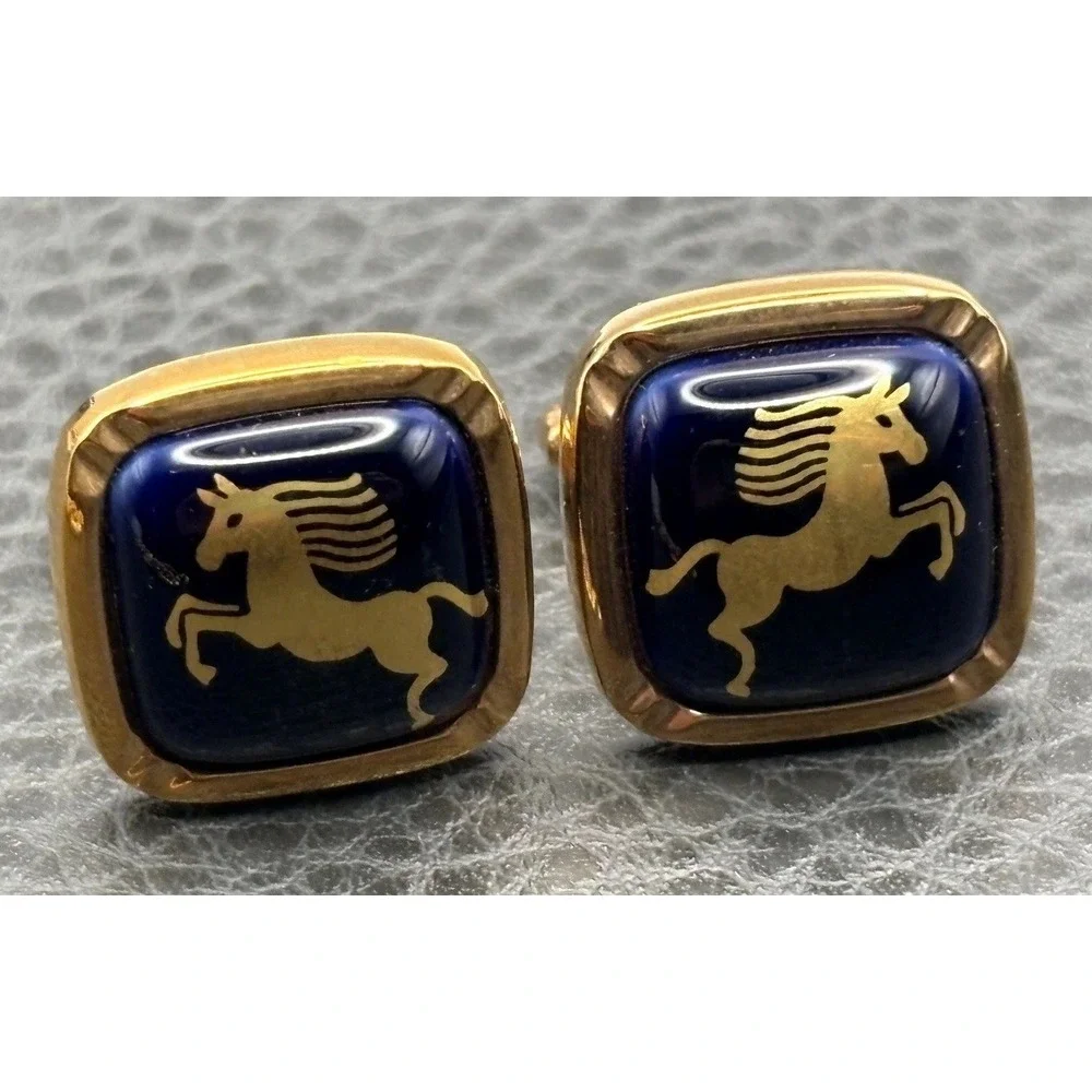 Vintage Made In Japan Gold Tone Cufflinks Navy Blue Enamel Equestrian Horse